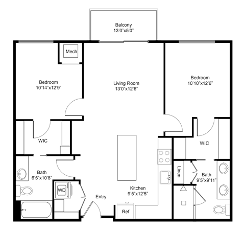 Floor plan for 2 beds, 2 baths, 1018 sqft